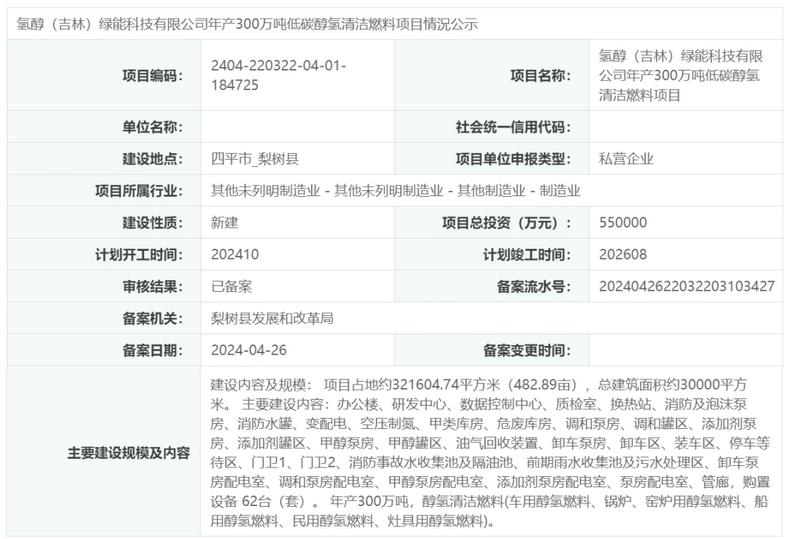 氢醇（吉林）绿能科技有限公司年产300万吨低碳醇氢清洁燃料项目