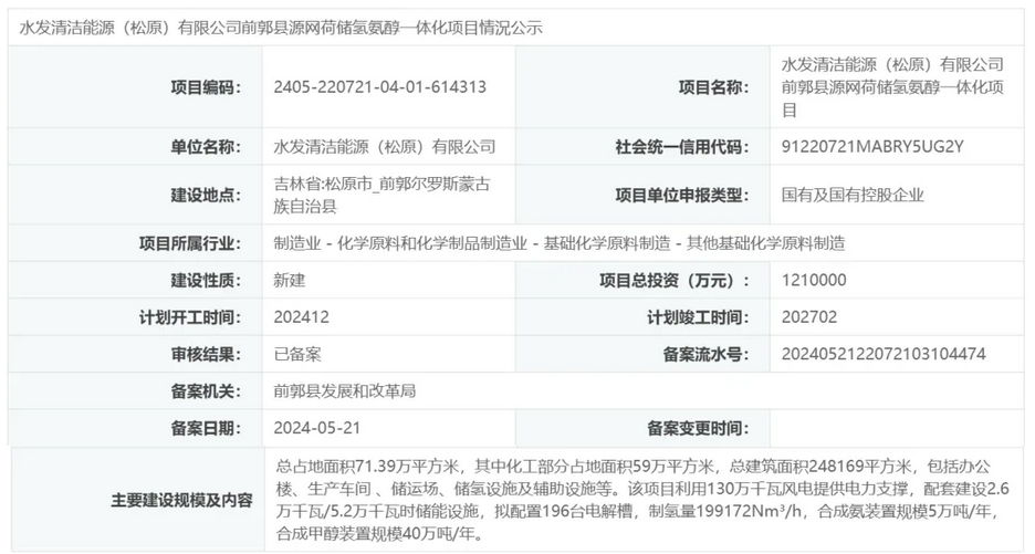 水发清洁能源（松原）有限公司前郭县源网荷储氢氨醇一体化项目