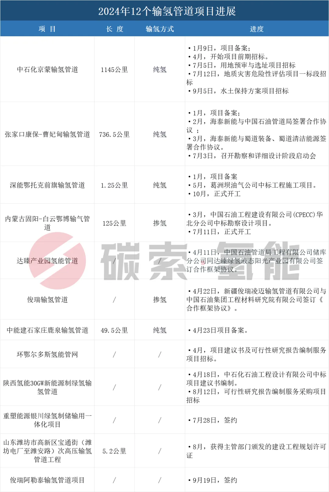 2024年12个输氢管道项目最新进展 